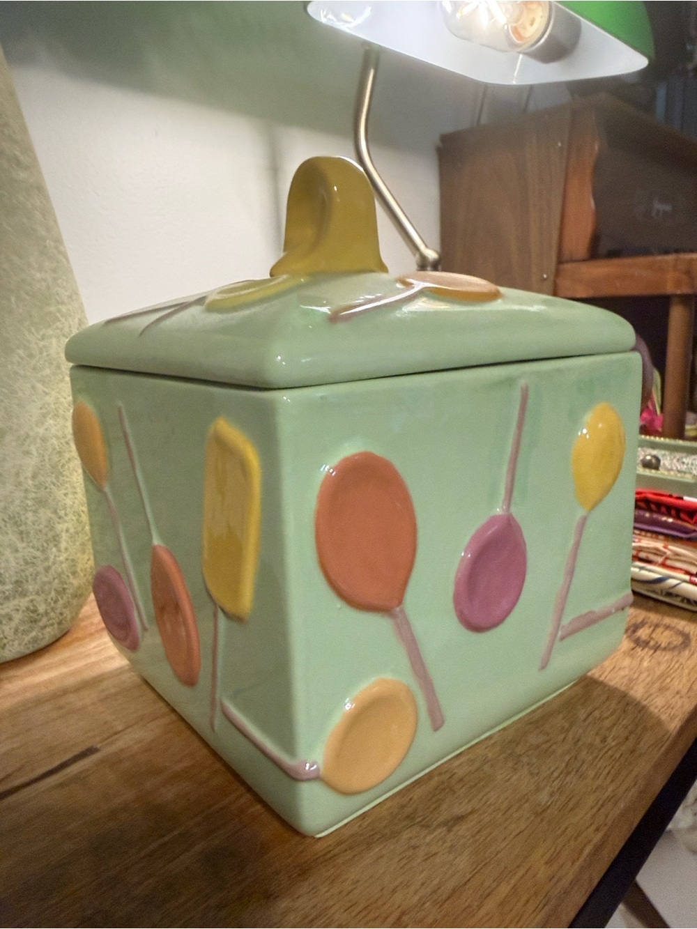 Mint Ceramic Lidded Canister with Pastel Lollipop Motif